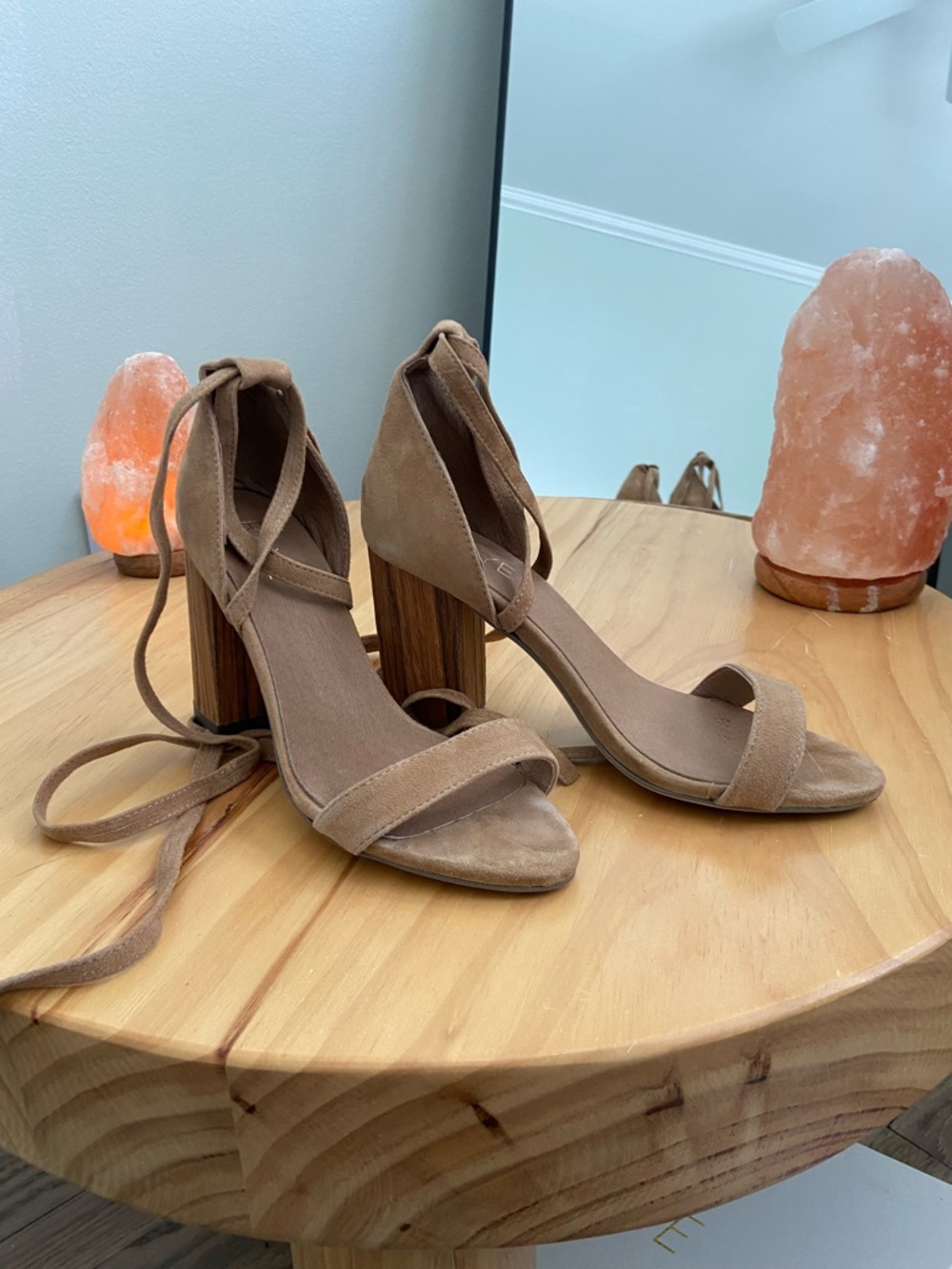 RAYE Tan Suede Wrap-Tie Block Heel Sandals